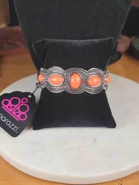 Paparazzi Orange Oval Stone Silver-Tone Cuff Bracelet